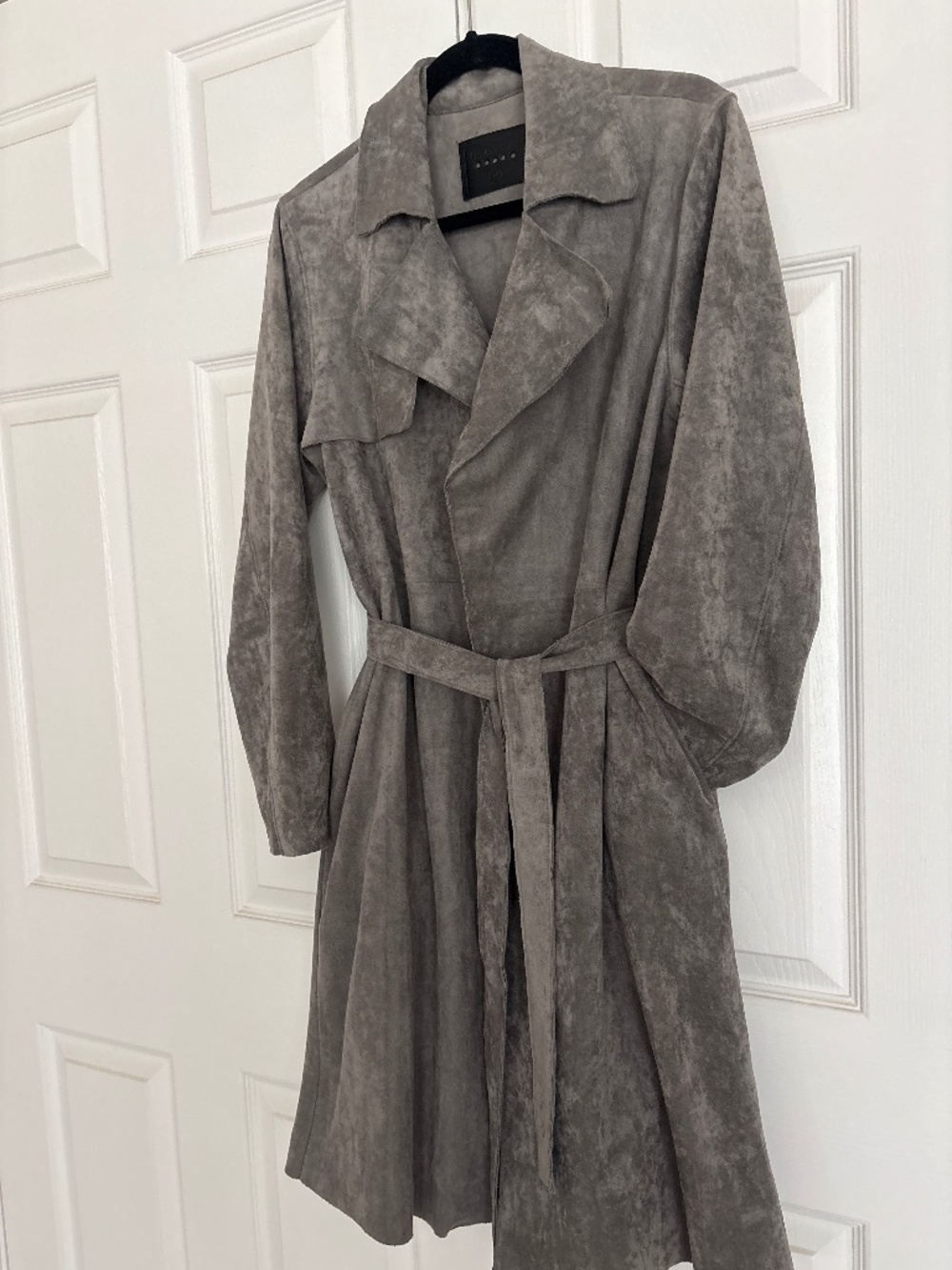 Suede Look Belted Trench Coat Gray
